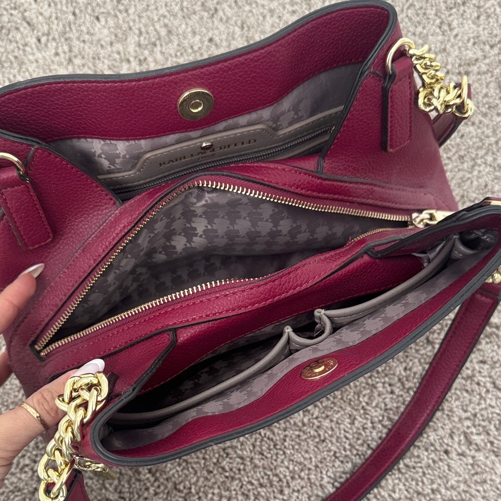 Karl Lagerfeld Deep Red Shoulder Bag with Gold Chain - Picture 2 of 7